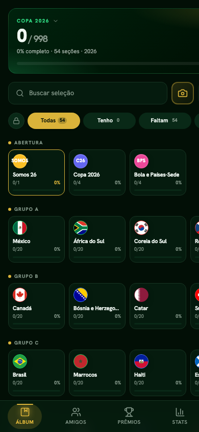 Tela do álbum no app Gammados em Figurinhas